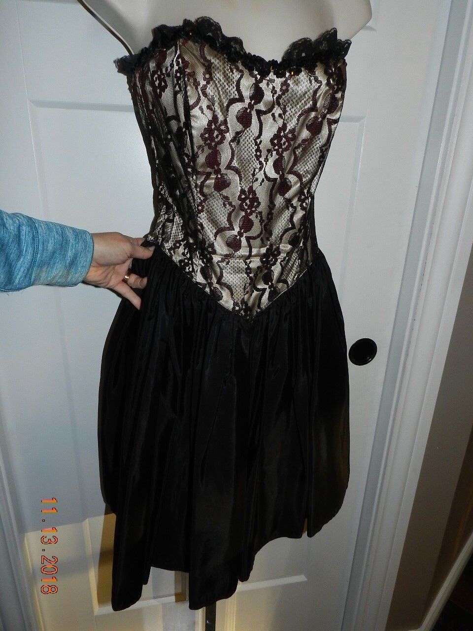 VTG 80s Gunne Sax Lace Strapless Prom DRESS Black sweetheart Cocktail Party 9