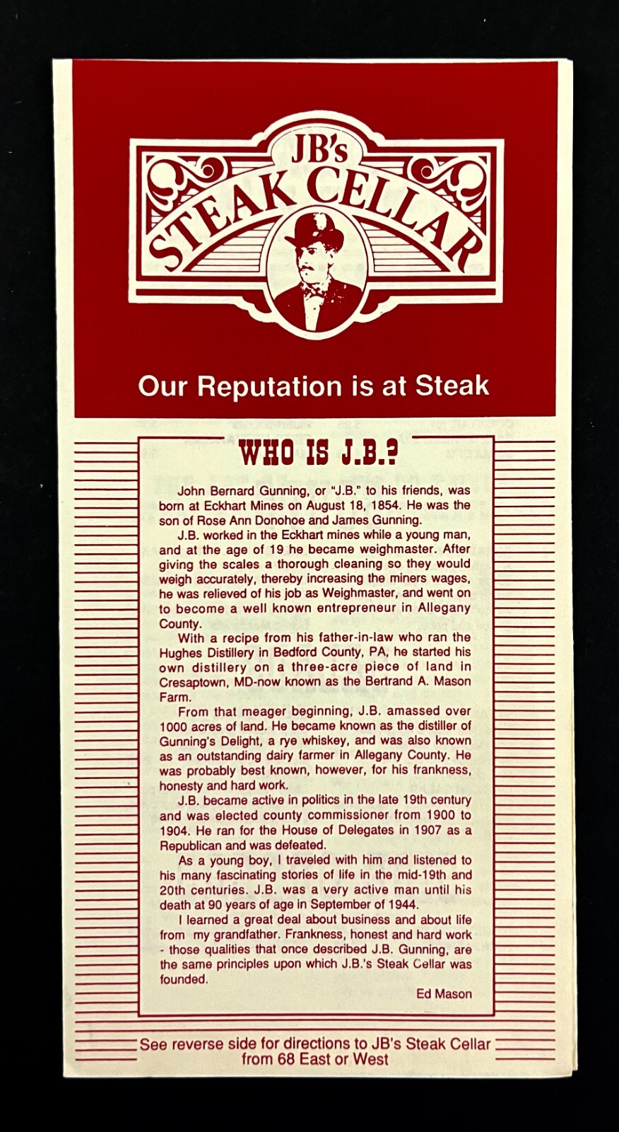 1992 Cumberland Maryland JB's Steak Cellar Restaurant VTG Travel Menu Brochure