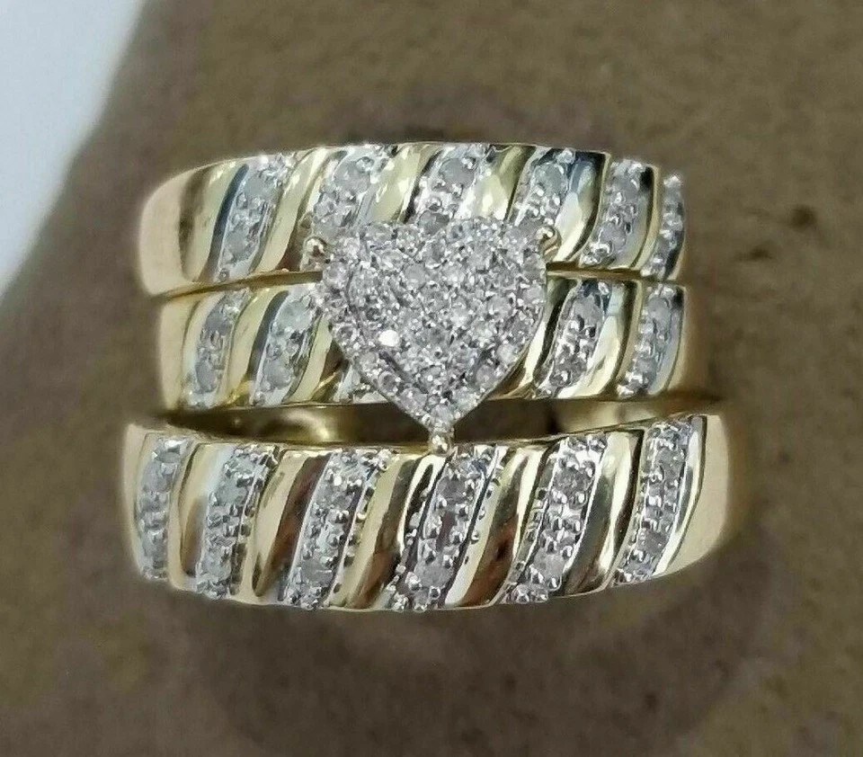 3.50CT Round Cut Lab Created Diamond 14kYellow Gold Plated Wedding Trio Ring Set