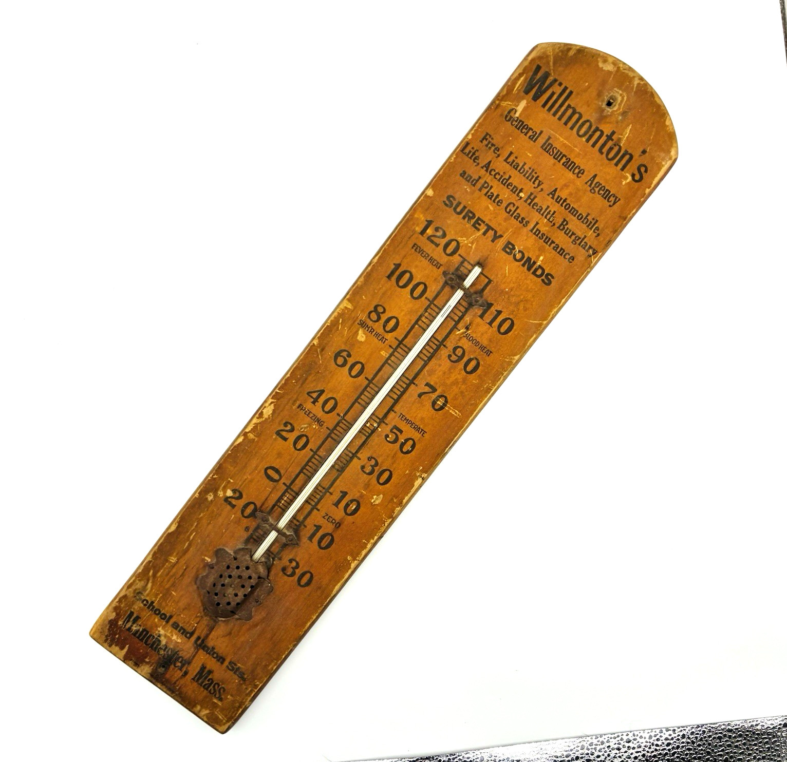 c1915 Antique Wood Advertising Thermometer 21"x4.75"x0.75" Insurance Co. a032