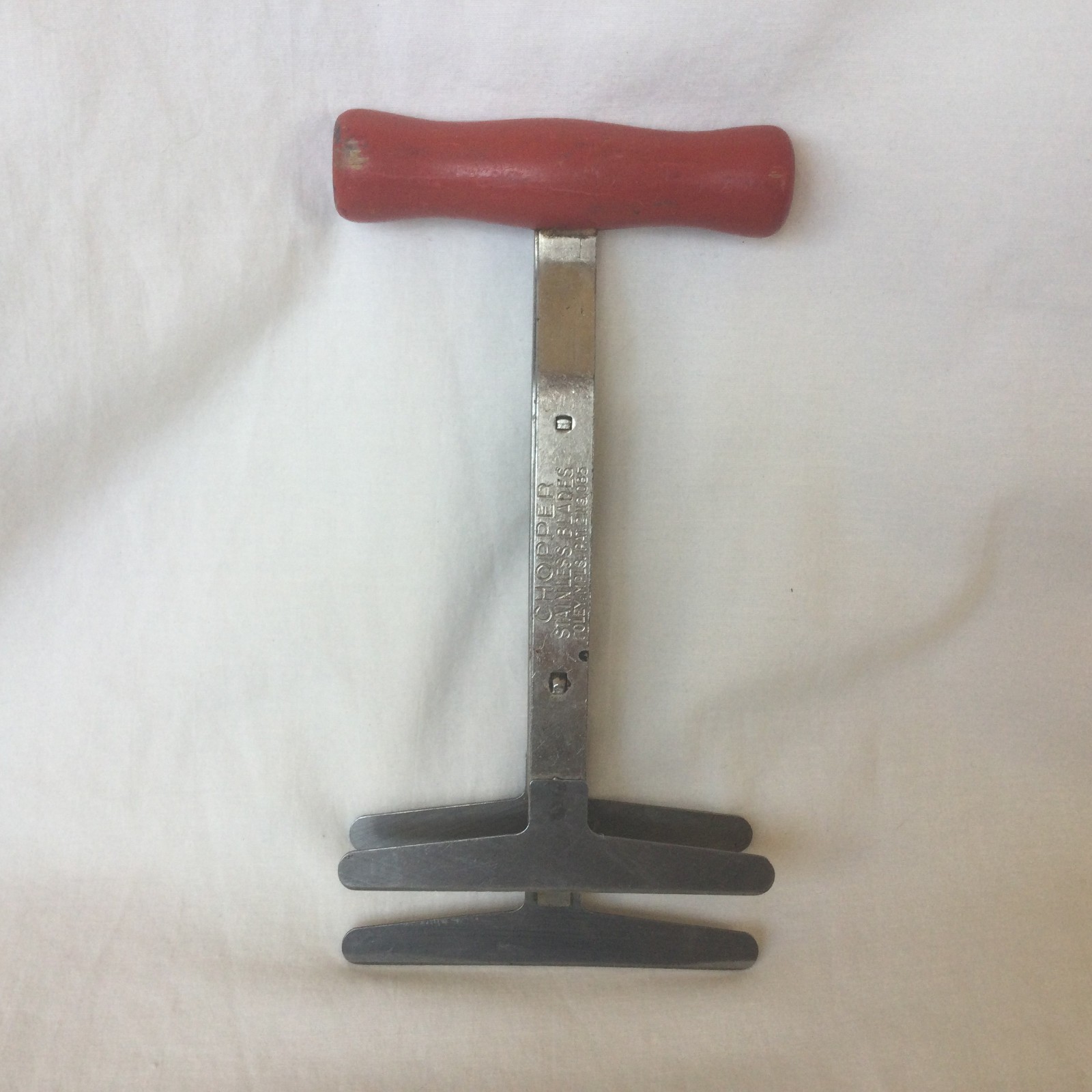 Vintage Foley Red Handle Food Chopper Spring Loaded Stainless Steel Blades PS
