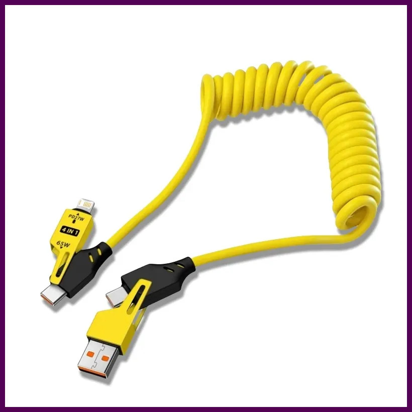 4 in 1 65W Spring Short Data Cable 6A USB Type C Spring Telescopic Quick Charger