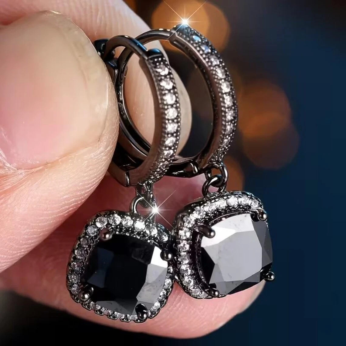 6 Ct Treated Certified Black Diamond Solitaire Dangler Earrings, 925 Silver