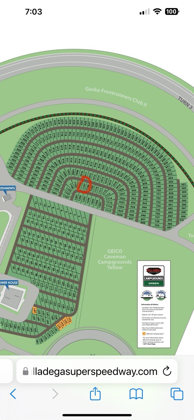 Talladega Spring Race 2025 Infield Campsite. Green 1107. Turns 3-4.