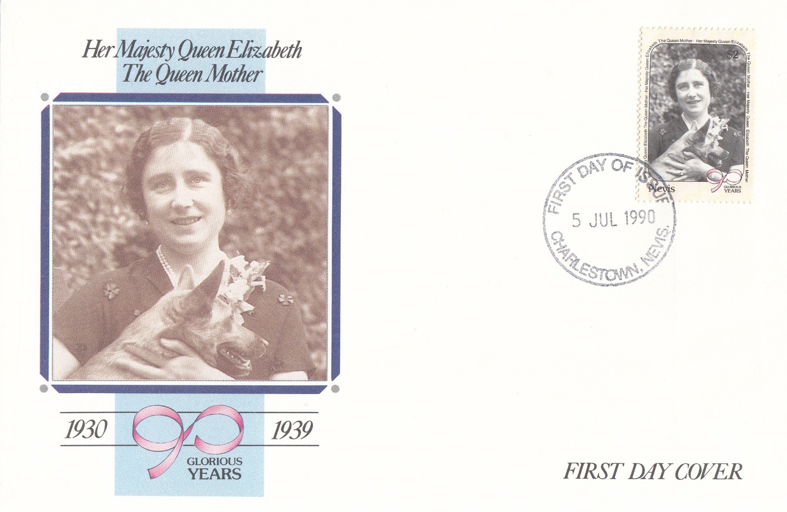 Queen Mother 90th Birthday Nevis FDC (c) 1990 (151387)