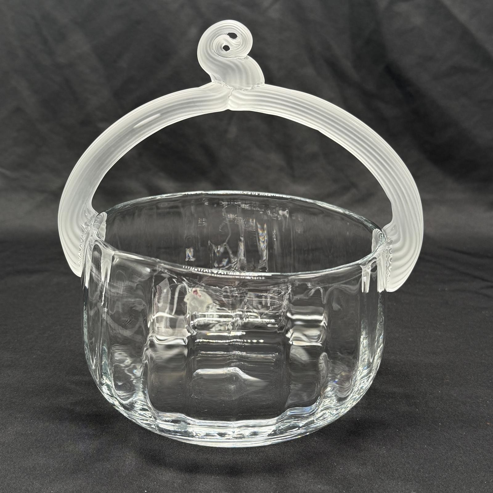 Vintage Hand Blown Art Glass Basket Romania Frosted Ribbed Handle Lalique Style