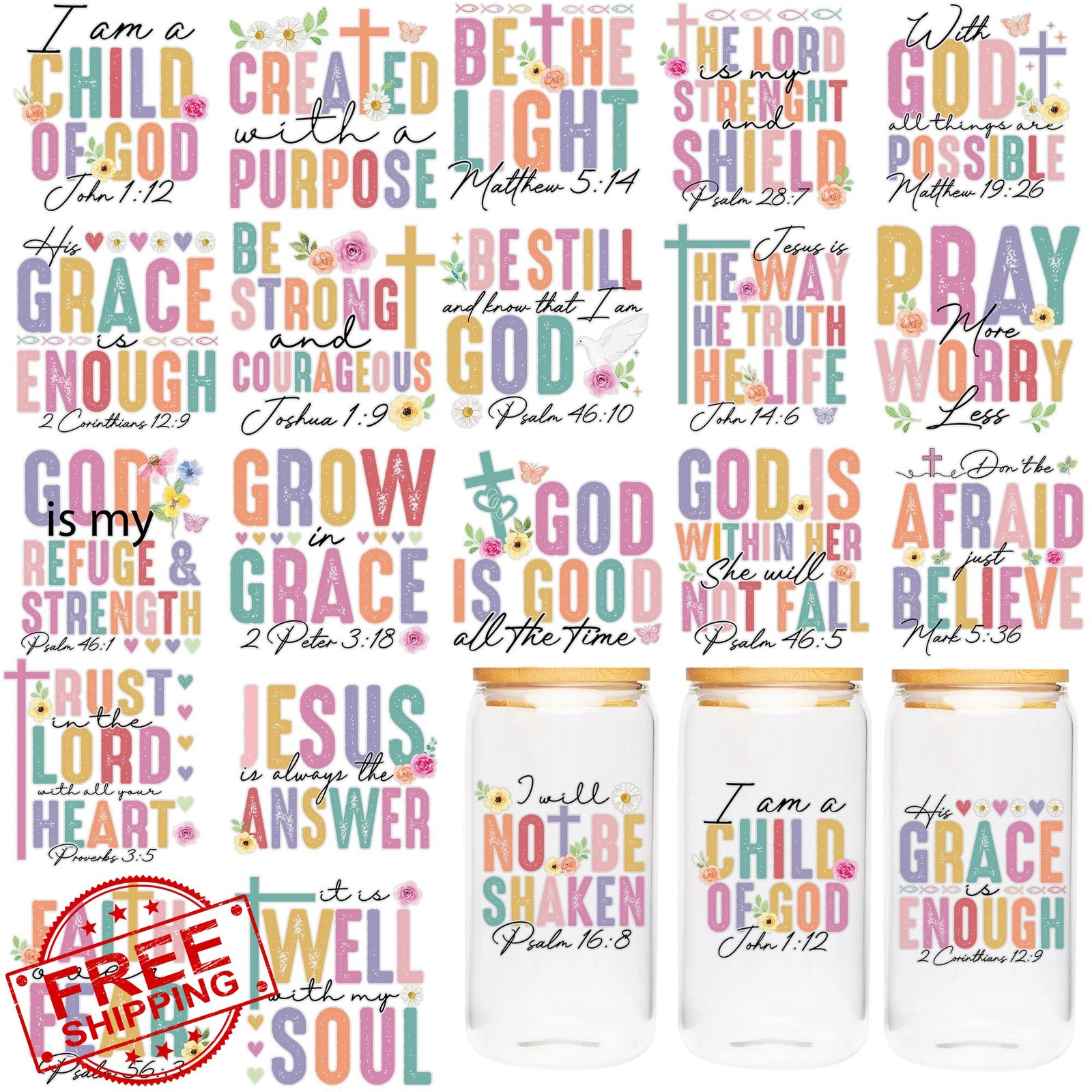 Bible UV DTF Cup Wraps 20 Sheet Bible Verse Christian Flower