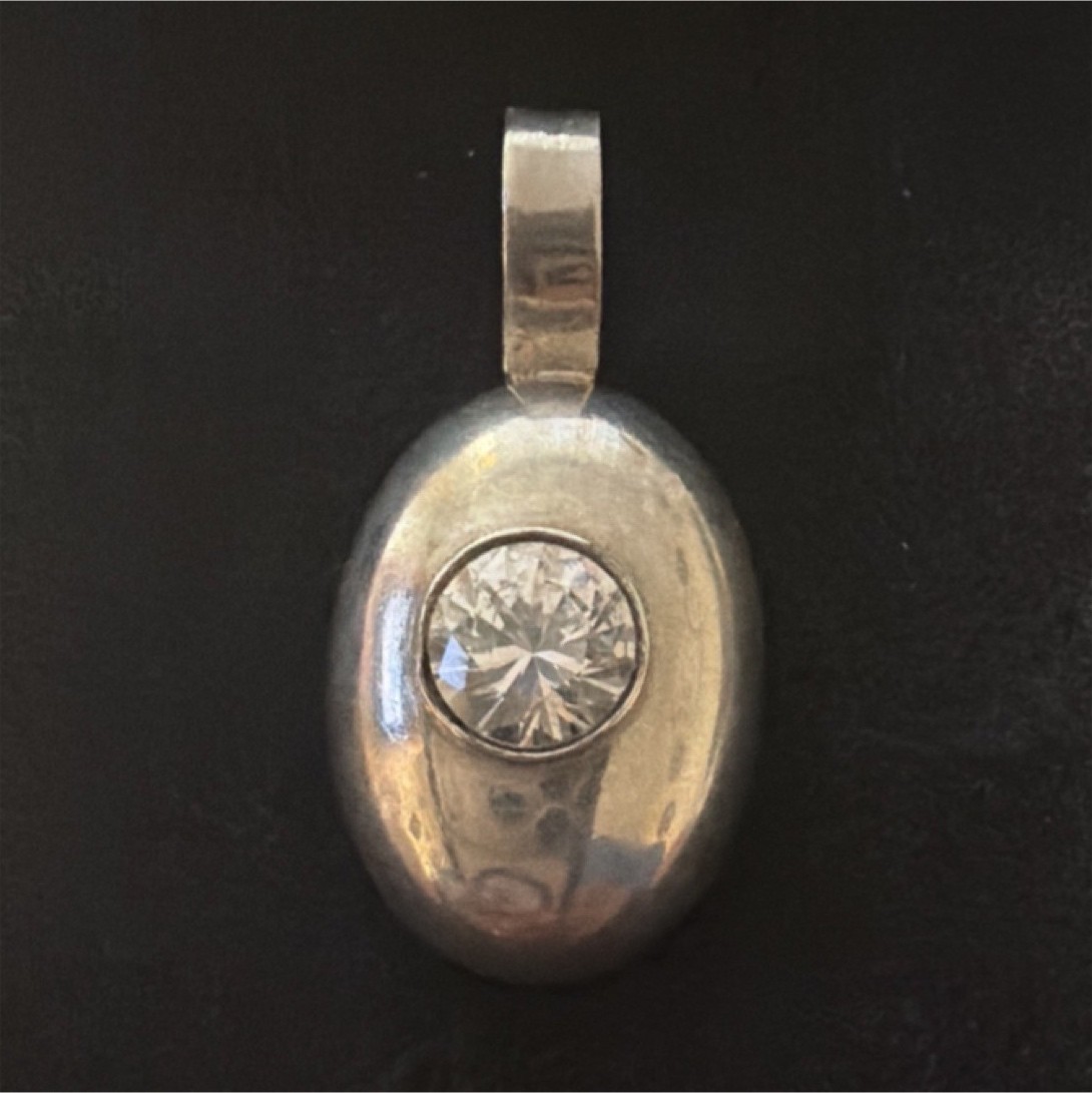 Silver Oval Pendant Charm with Round White Stone Bezel Setting