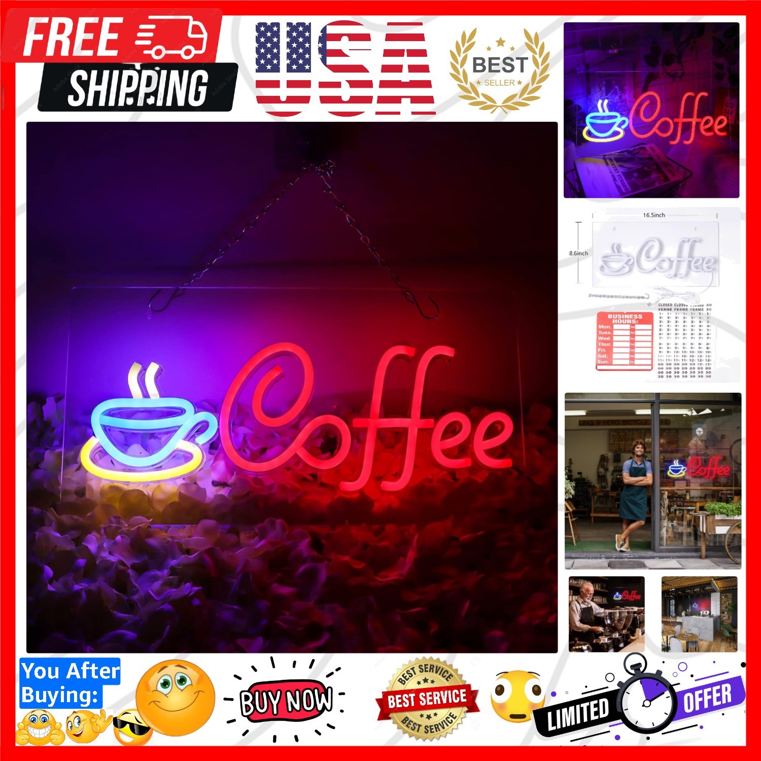 Coffee Neon Signs for Wall Decor Led Lights for Coffee Bar Led Sign Room Deco...