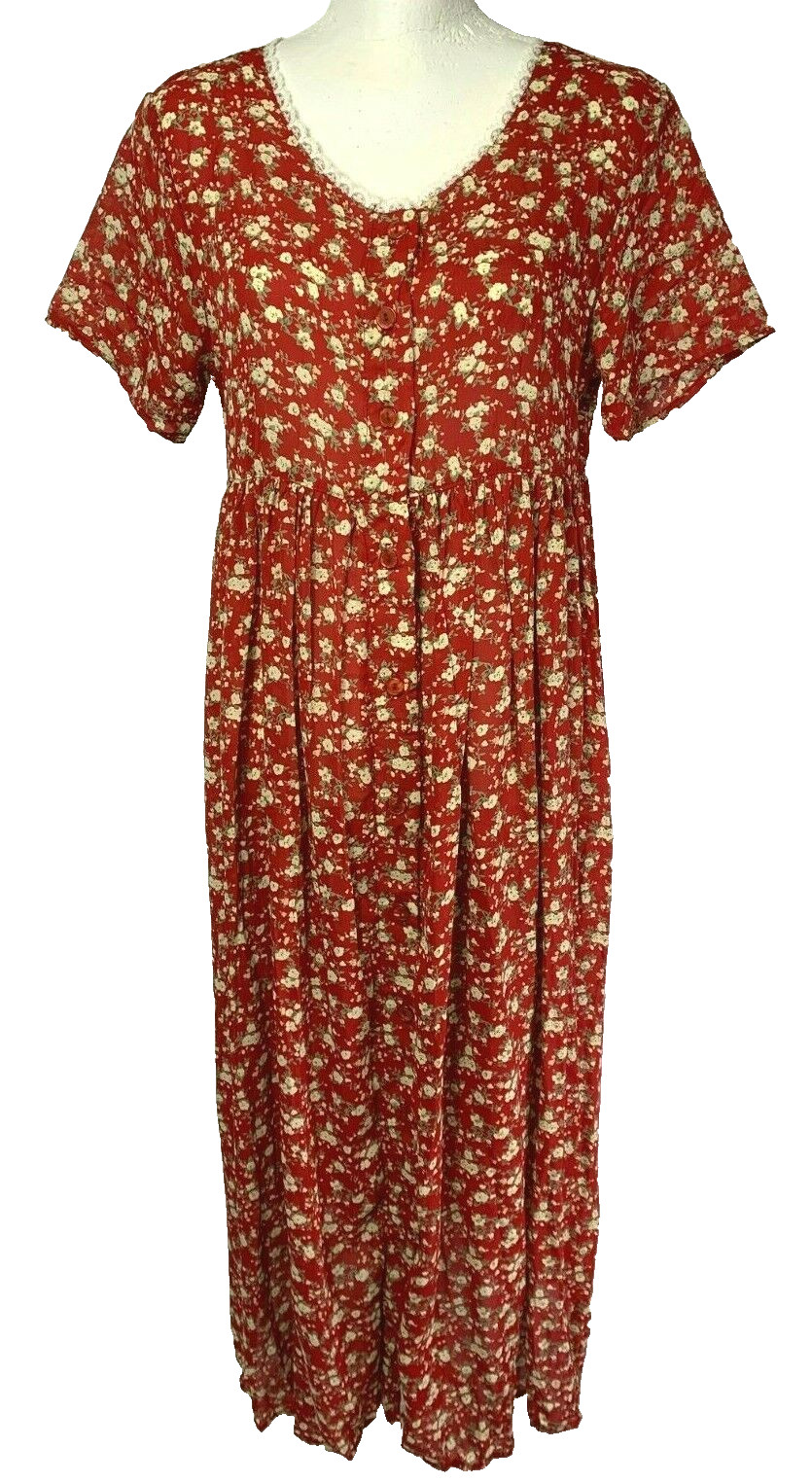 Bonjour Vintage Midi Dress Red Floral Button Front Empire Waist SZ Med