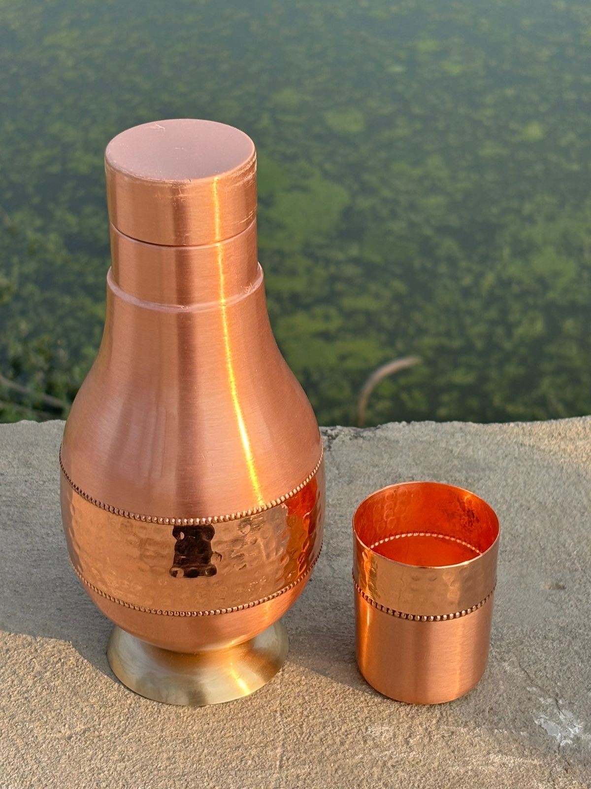 Handcrafted Pure Copper Water Bottle with Cup – Hammered Ayurvedic Drinking Bott