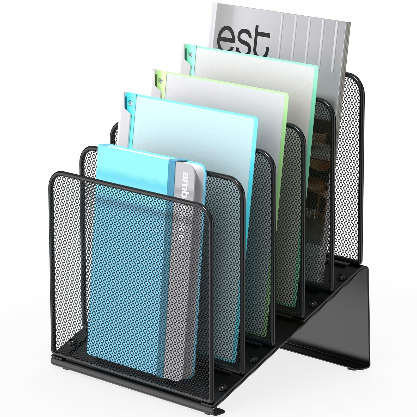 Inclined 5-Section Desk File Organizer, Vertical 9" x 8.5" x 11.8", Black 