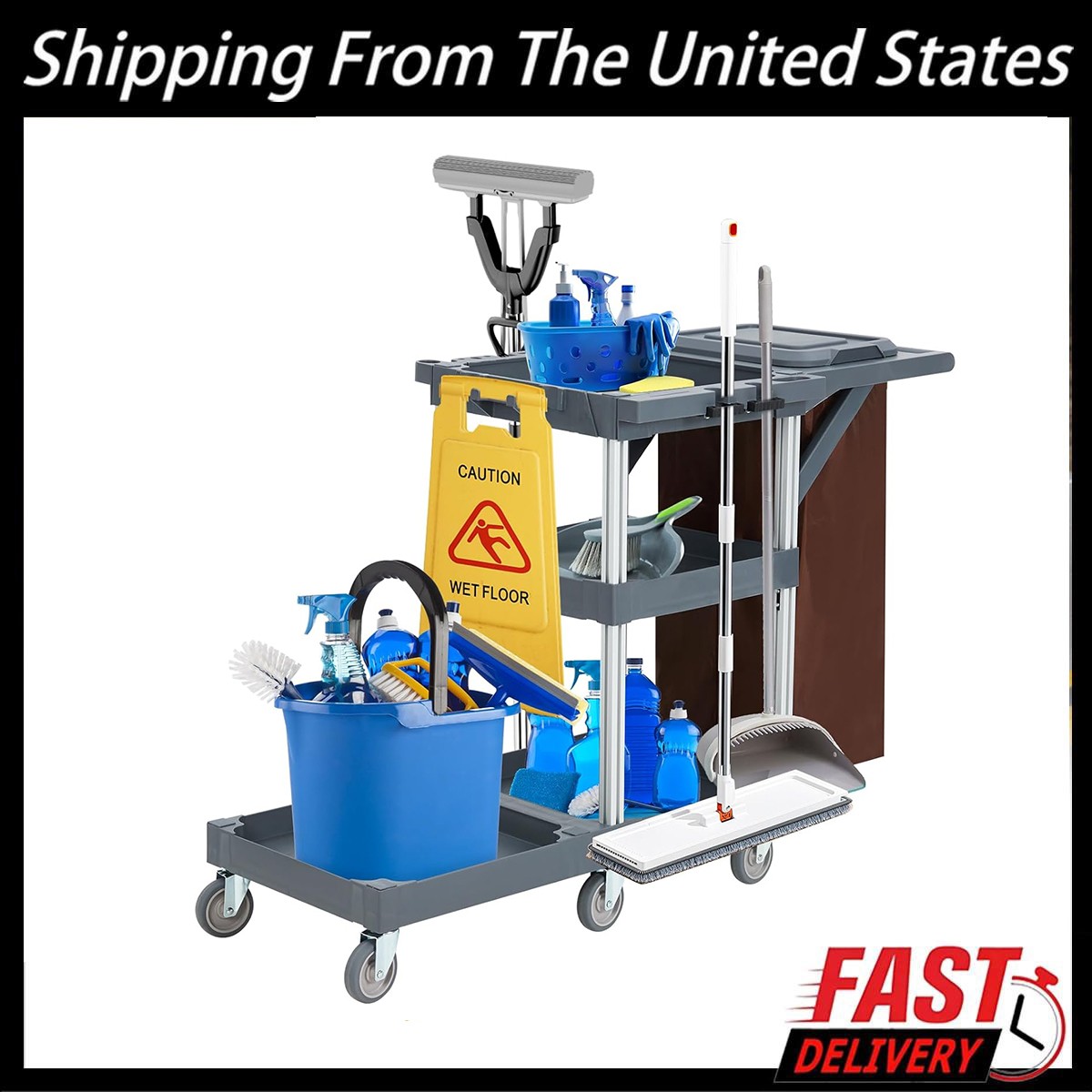Commercial Housekeeping Utility Cart Janitorial Cleaning Carts On Wheels 3 Shelf