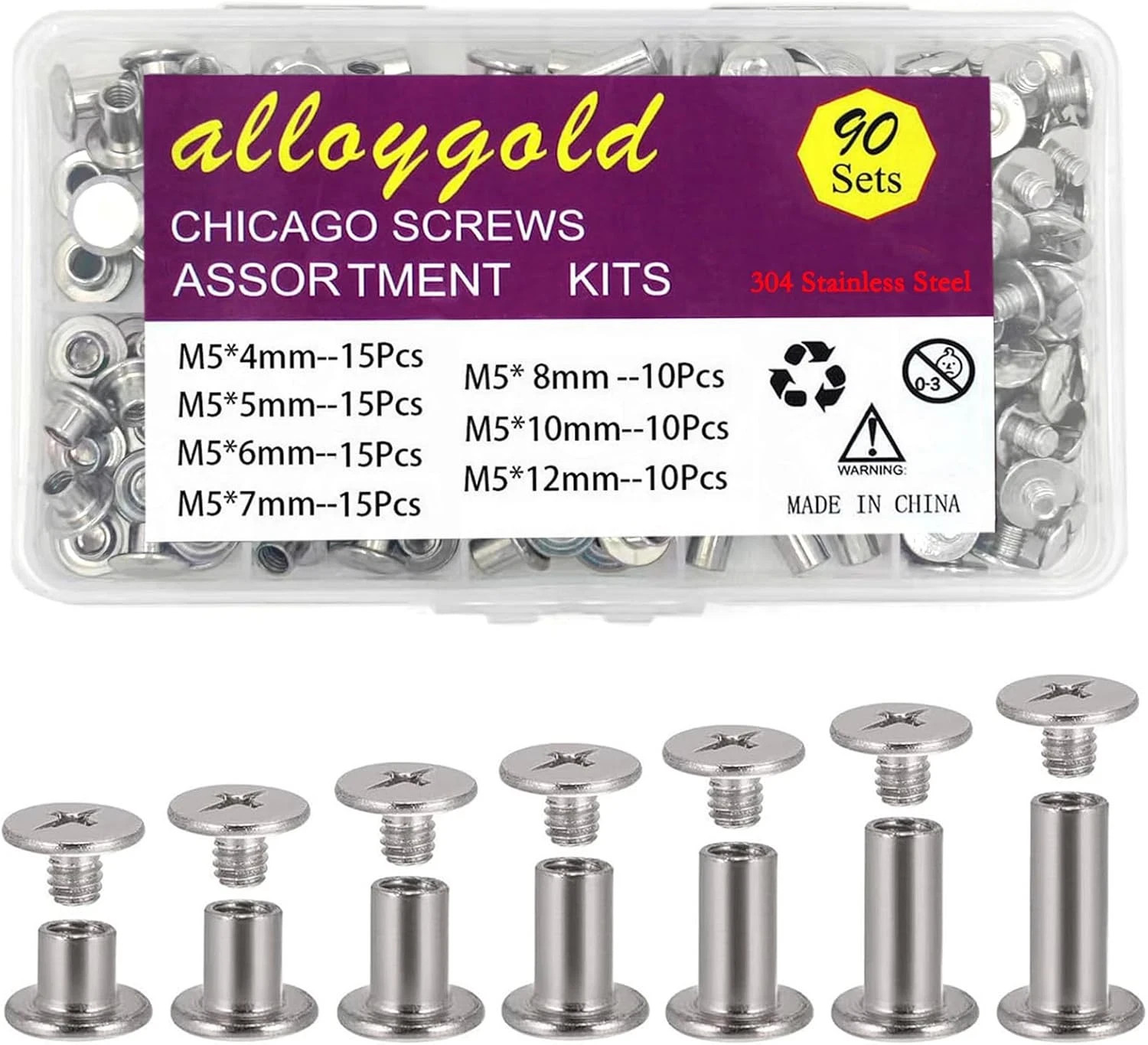 90 Sets 304 Stainless Steel Chicago Screws Leather Assorted Kit ，7 Sizes of Scre