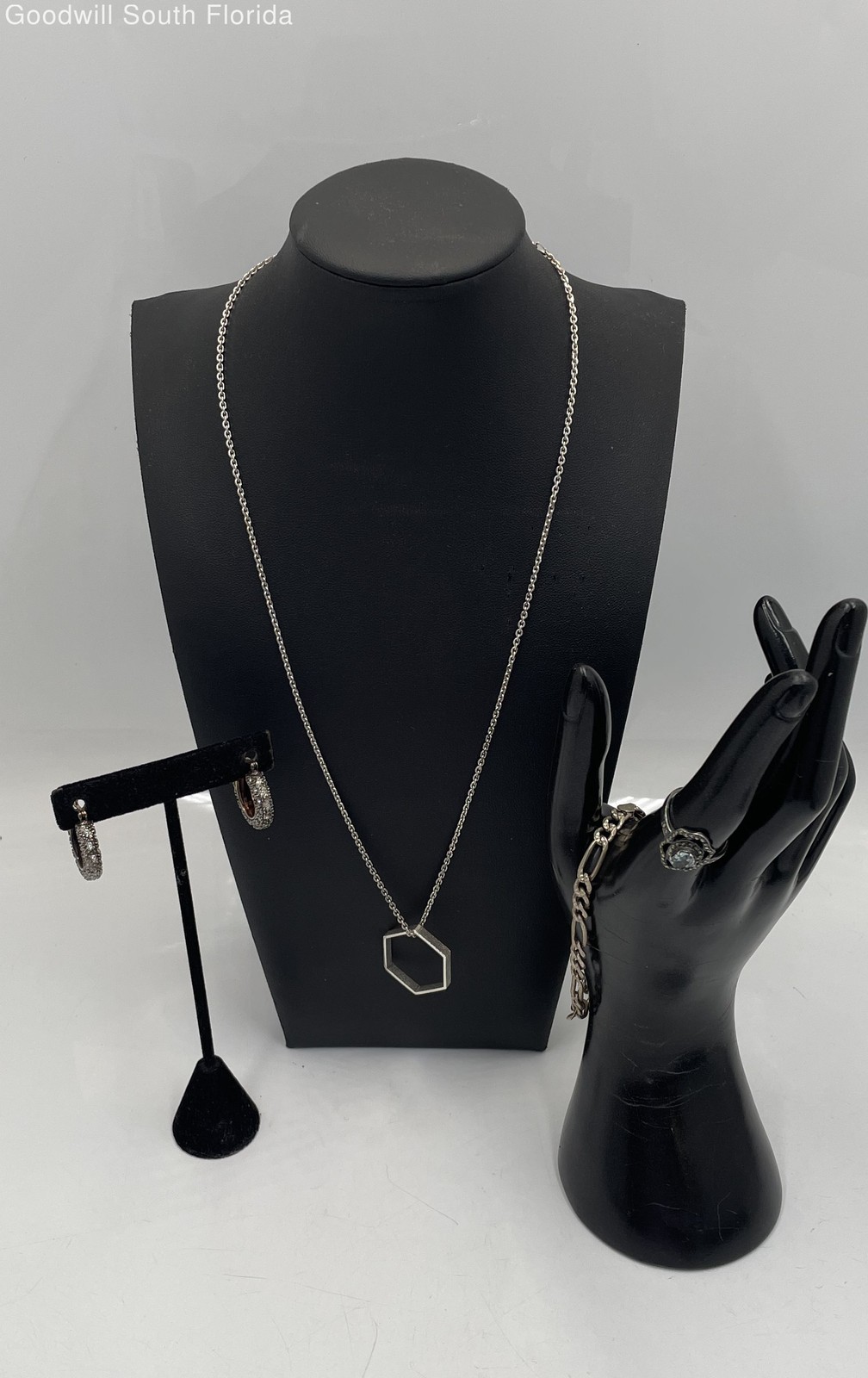 Silver Stamped/Unstamped Chains-Pendants-Bracelet-Earrings-Ring (5 Pcs) 32.9g