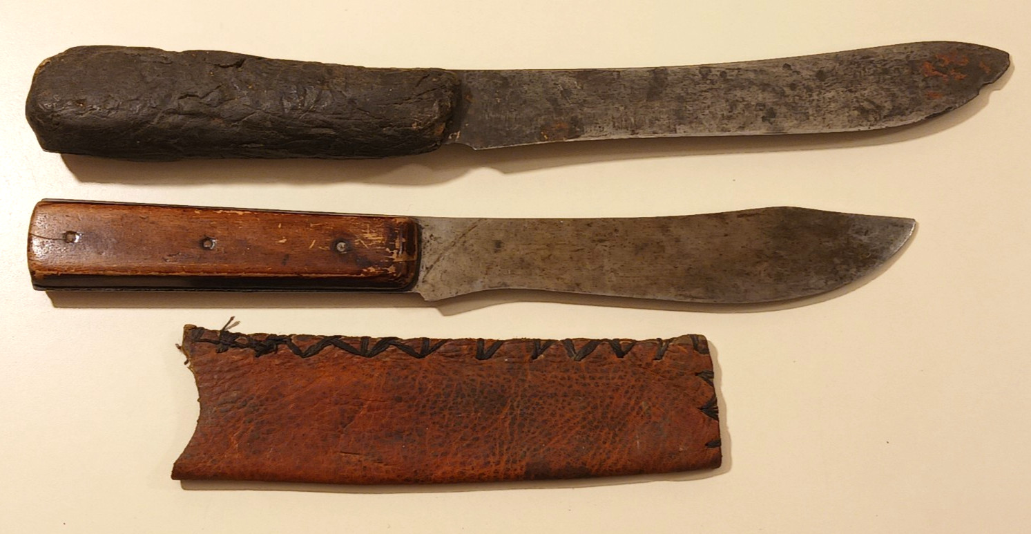 Pair of Vintage High Carbon Steel Butcher Knives with Sheath & Handles 10" 11.5"