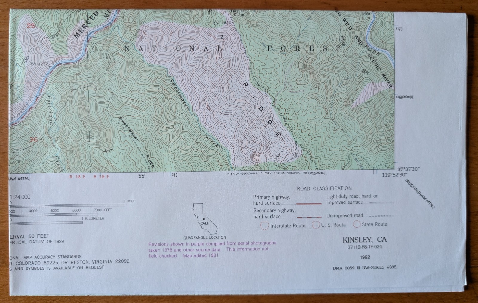 USGS Topo Map 7.5' Quad Kinsley, CA 37119-F8-TF-024 (1992)