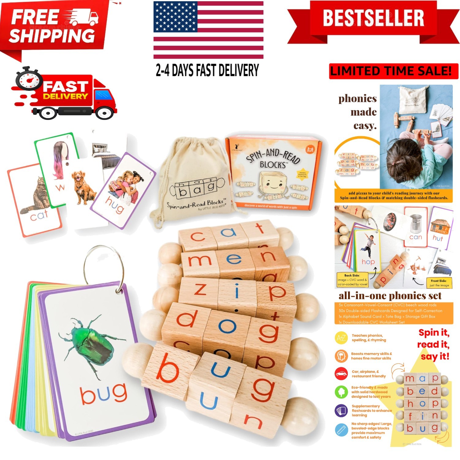 Spin-and-Read Montessori Phonetic Reading Blocks with CVC Phonics Flashcards ...