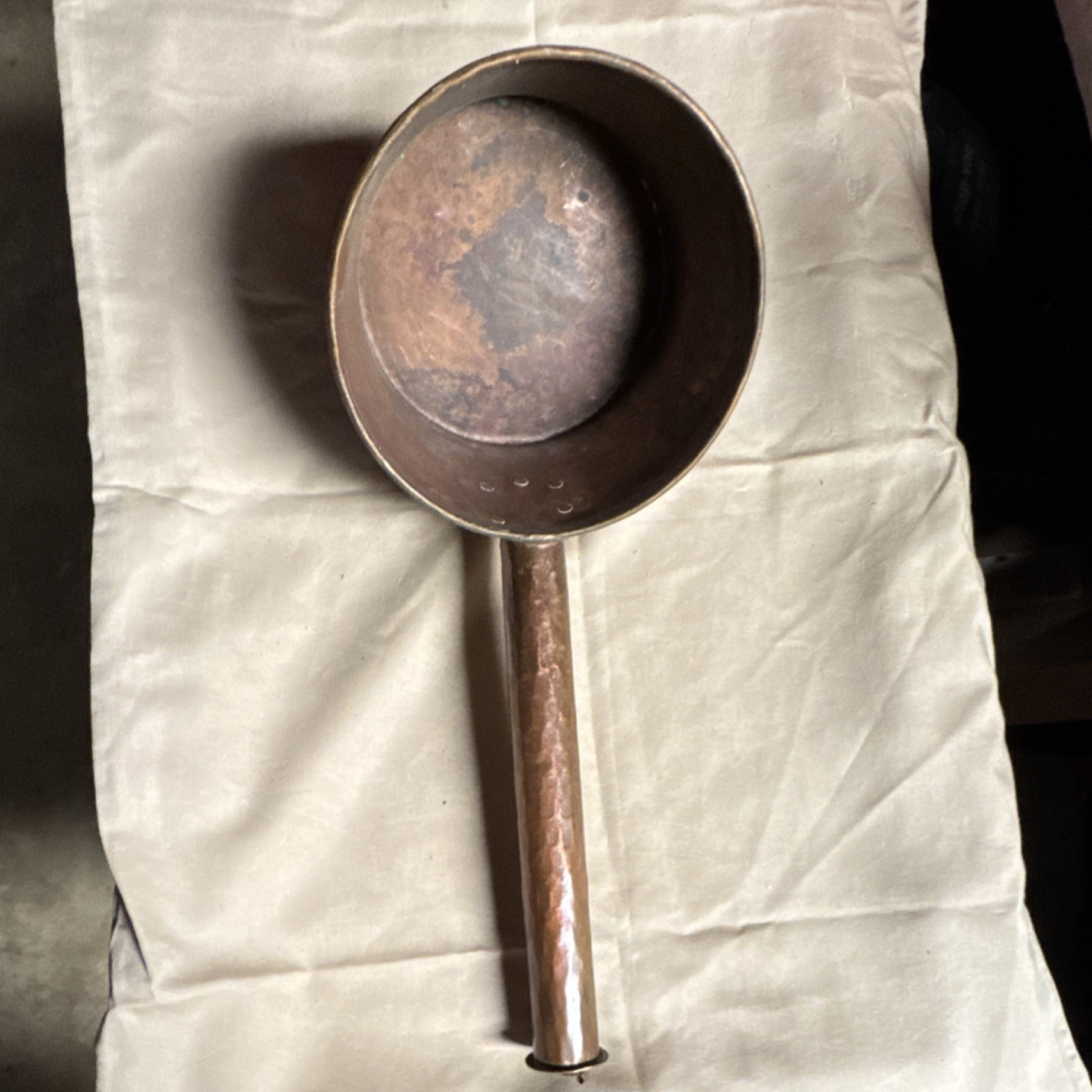 Copper Pot Handmade Decorative Collectible Metalware Vessel Long Riveted Handle