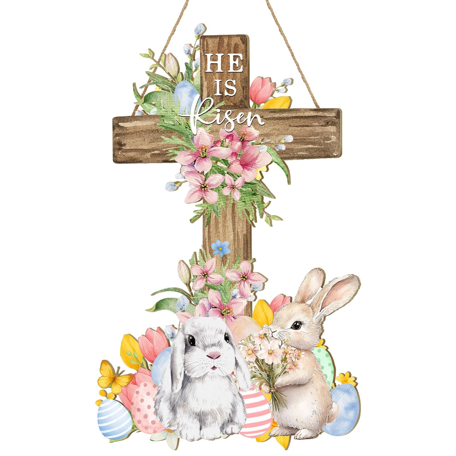 Easter Door Sign He is Risen Hanging Decor Religious Cross Sign Easter Bunny Wr 