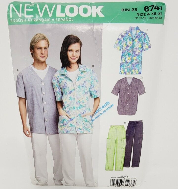 New Look 6741 Unisex Scrub uniform Zipper Top & Pull on Pants Sew Pattern xs-XL