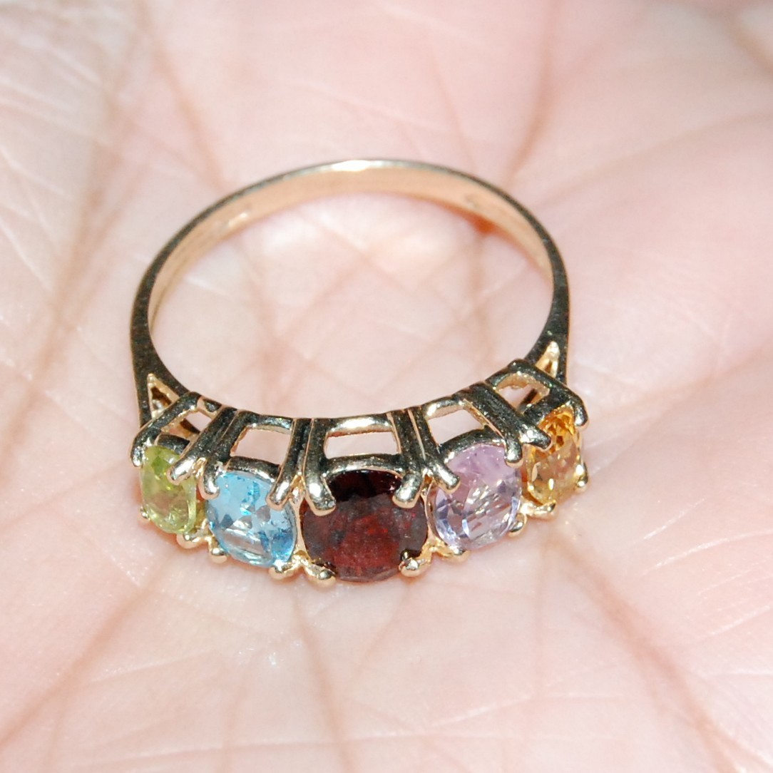 10K Gold Multi Gem Ring Garnet Topaz Amethyst Peridot Citrine 5 Stone Sz 7