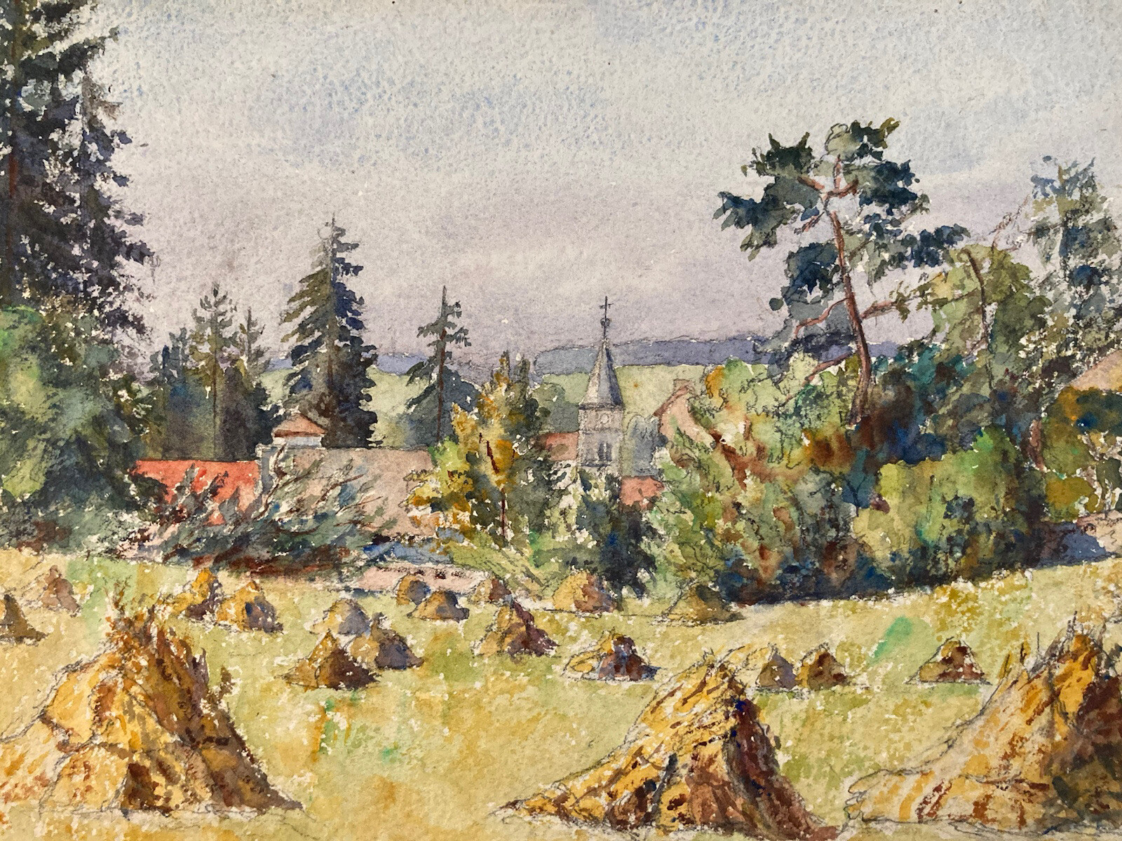 Watercolor Post Impressionist Painting Fields Hay Church 1940 To Identify Art
