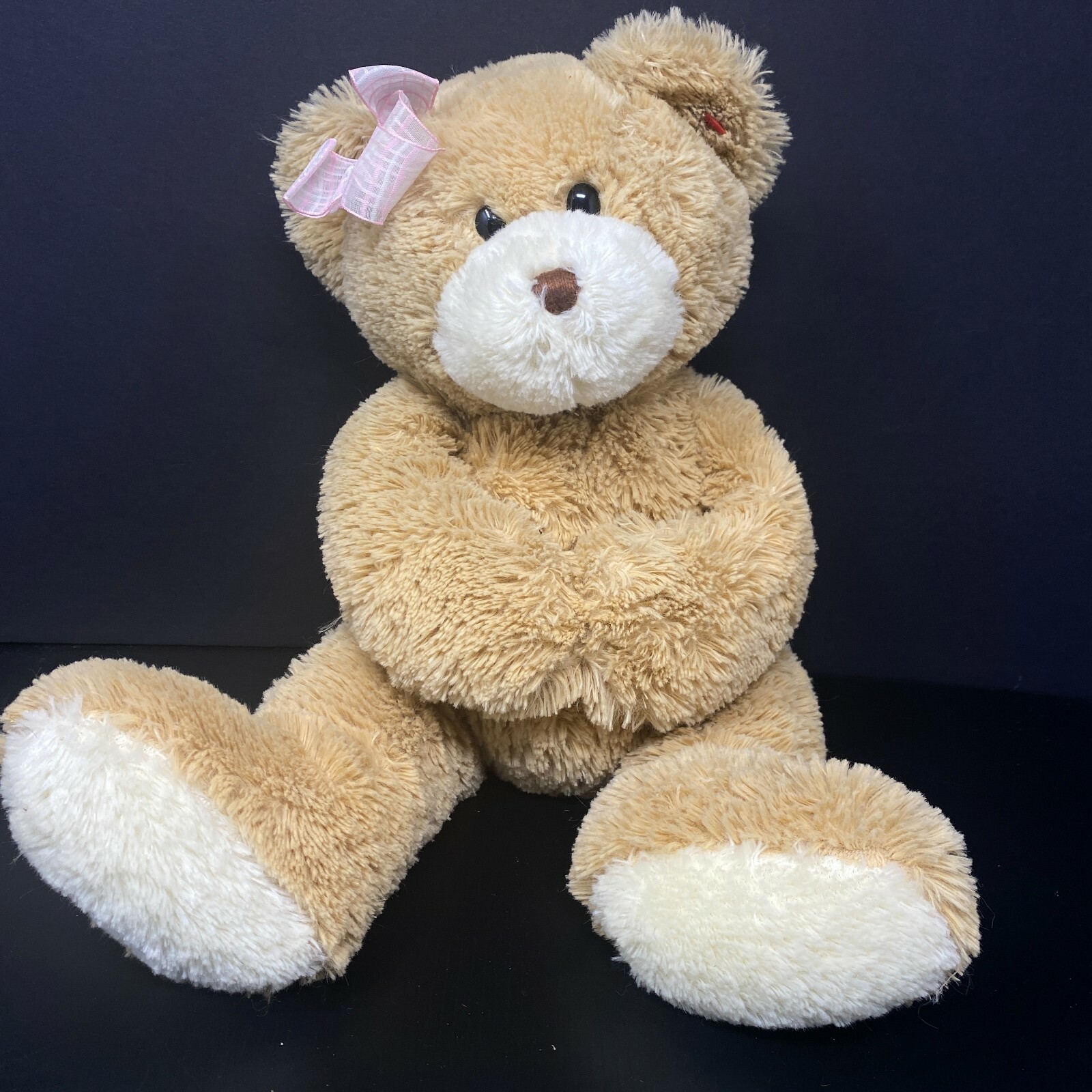 Ty Cradles Tan Teddy Bear Plush Pink Bow  17" Stuffed Animal 2005 TySilk
