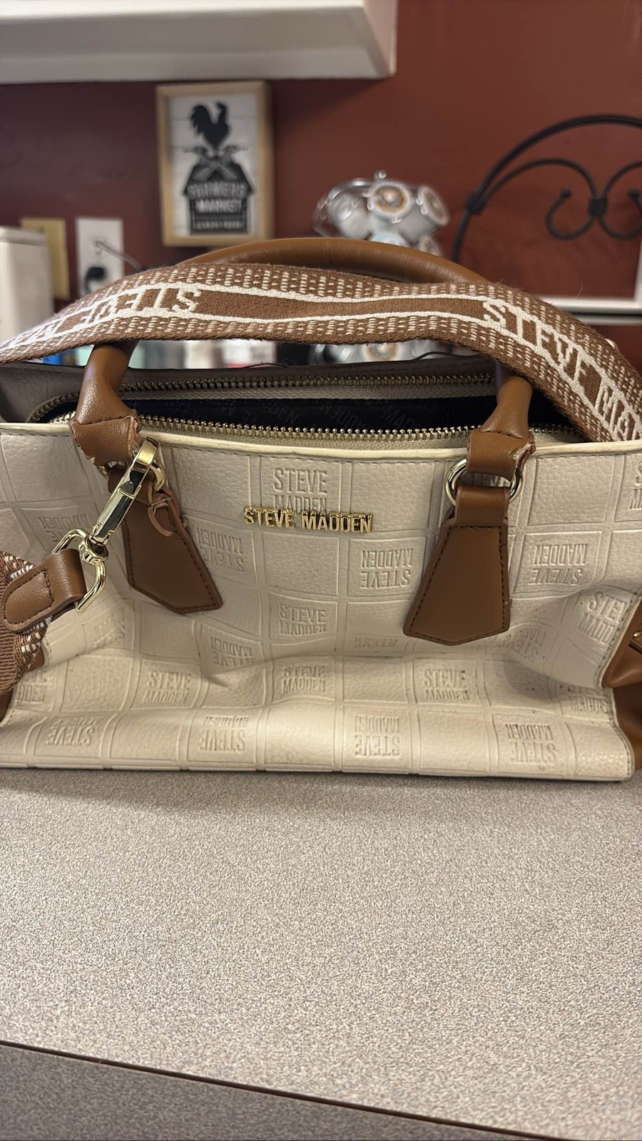 Steve Madden Embossed Logo Satchel Crossbody Bag Cream Brown Purse