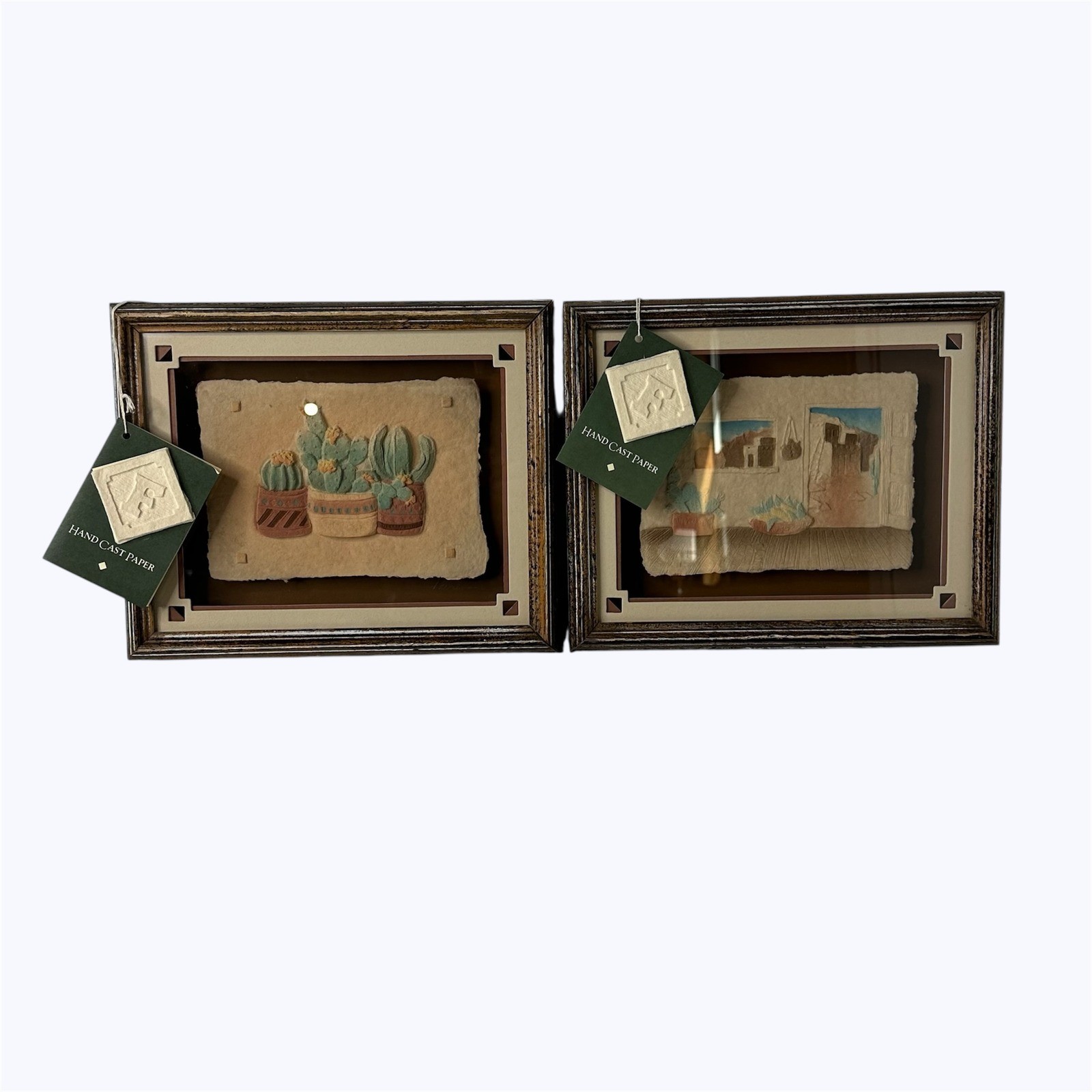 2 Figi Graphics Hand Cast Paper 3D Shadowbox Wall Art Cactus Desert Southwestern