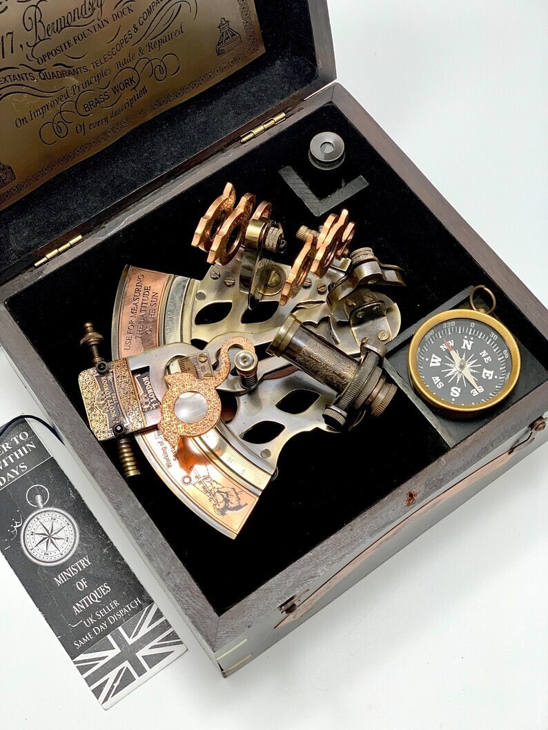 Antique Vintage Brass Marine Astrolabe Ship's Instruments W/Wooden Box Gift