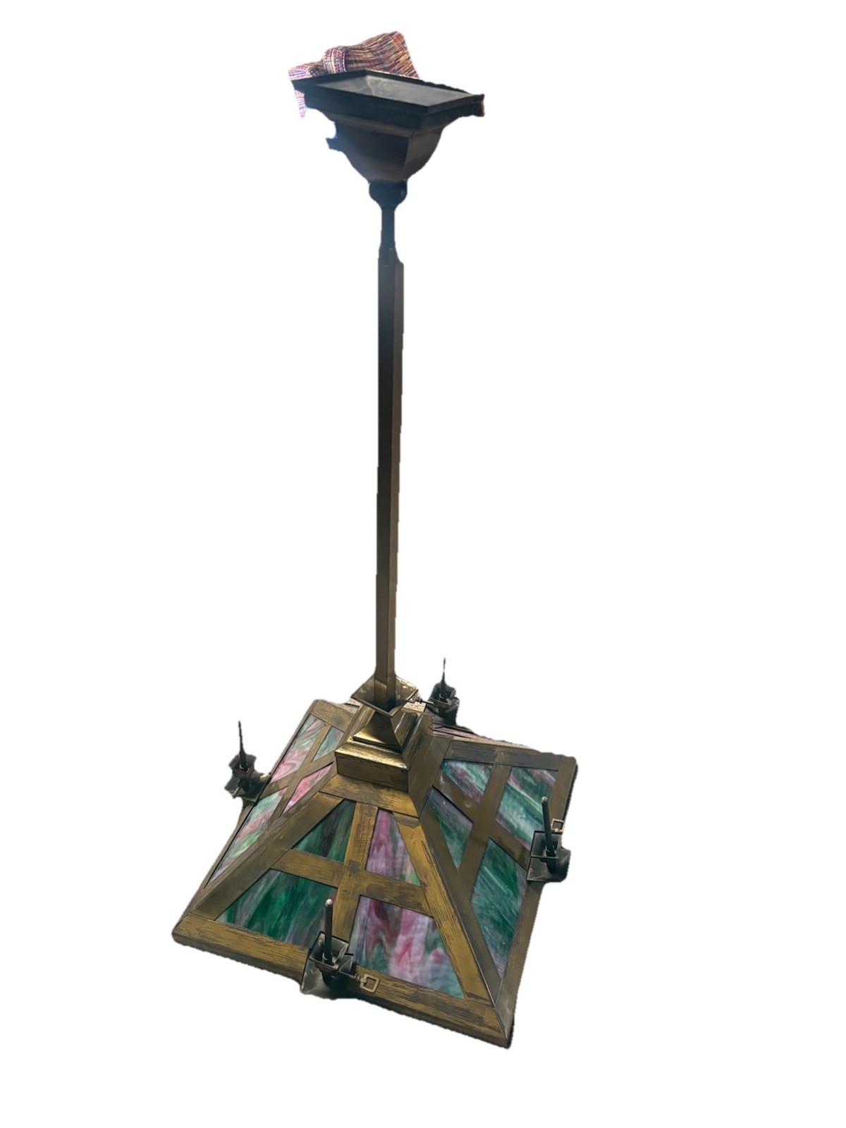 Arts & Crafts Antique Slag Glass Gas & Electric Ceiling Light Chandelier