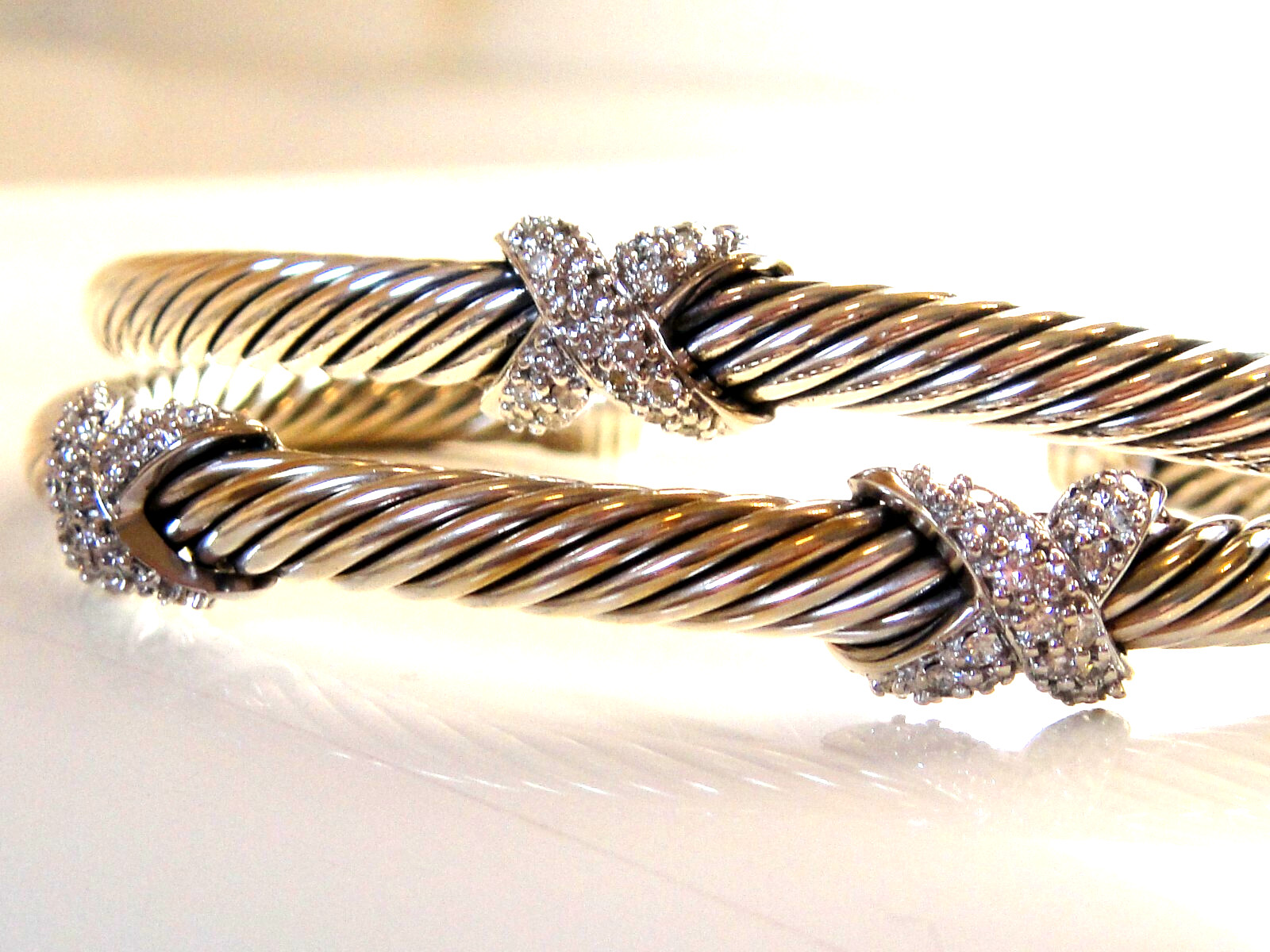 $1950 DAVID YURMAN 18K WHITE GOLD, SS DIAMOND DOUBLE X CROSS CABLE BRACELET 5mm