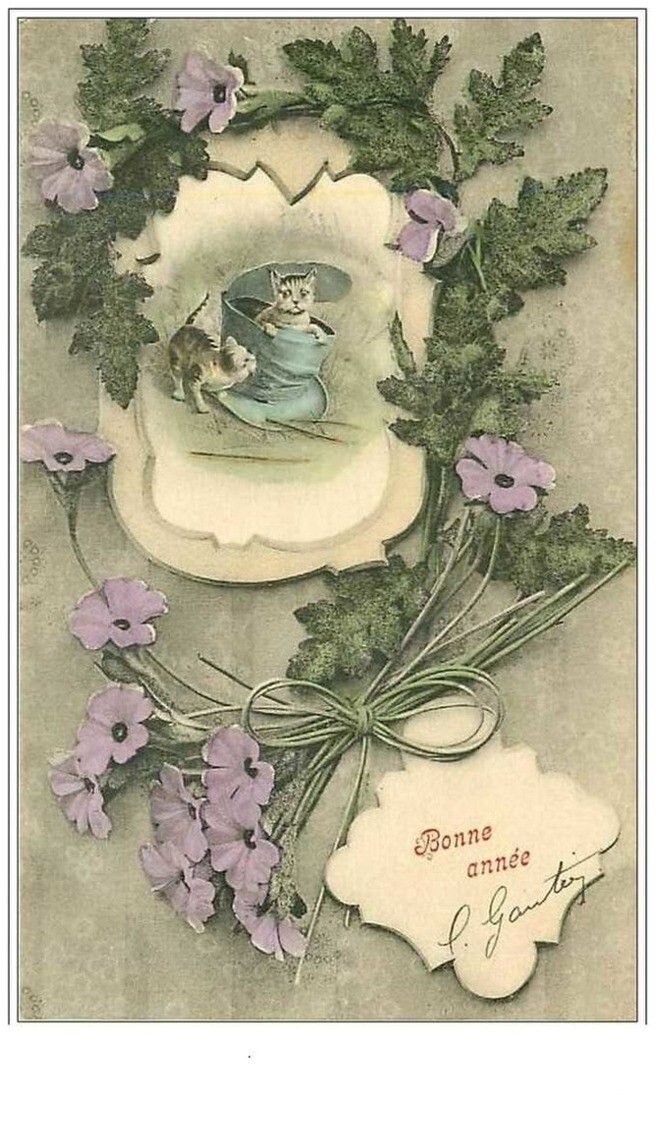 Cats No. 102 Happy New Year. Cats In Medallion In A Decor With Purple Flowers