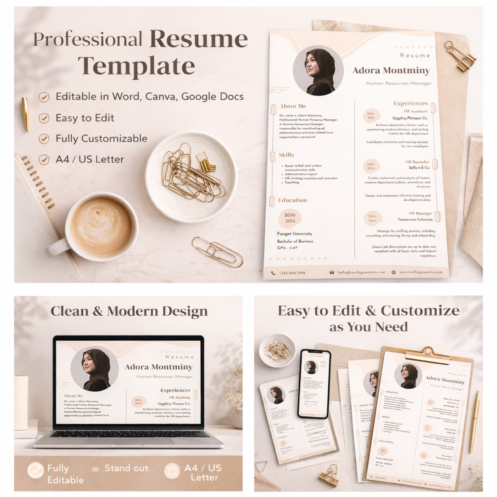 HR Resume Template ATS Friendly | Editable CV Word Canva A4 US Letter