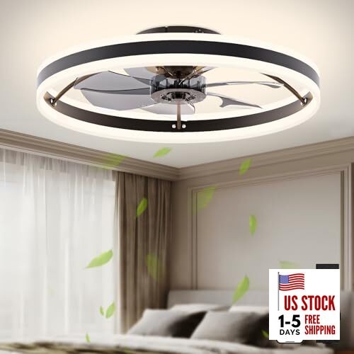  Low Profile Ceiling Fans with Lights and Remote, 23.6in Flush 23.6 INCH Black