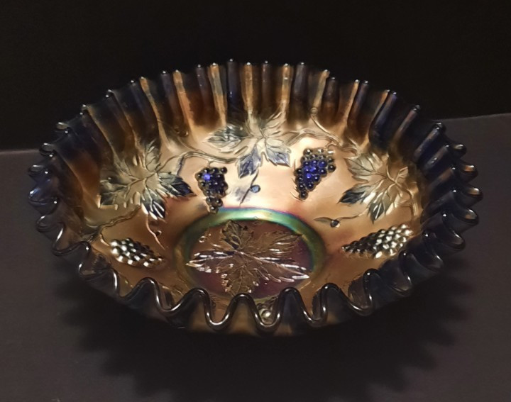 Antique Dugan Marigold Carnival Glass Bowl Grape Delight 8.5" Ruffled EXC