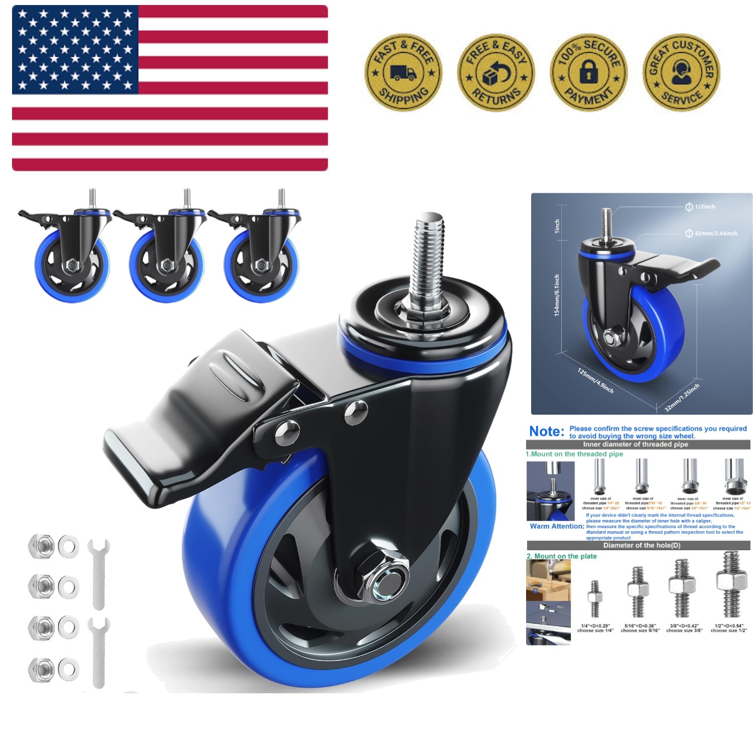 Stem Caster Wheels 5 inch Heavy Duty Threaded Stem Mount Casters Set of 4 wit...