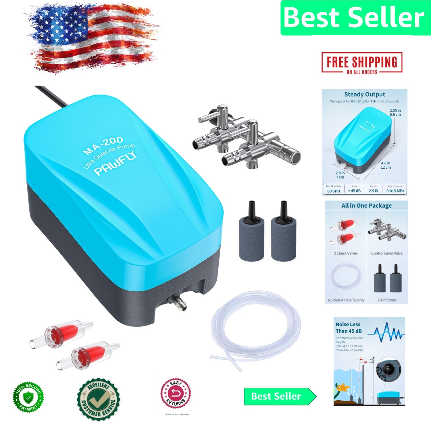 Whisper-Quiet 60 GPH Aquarium Aerator Kit with Tubing & Accessories Included