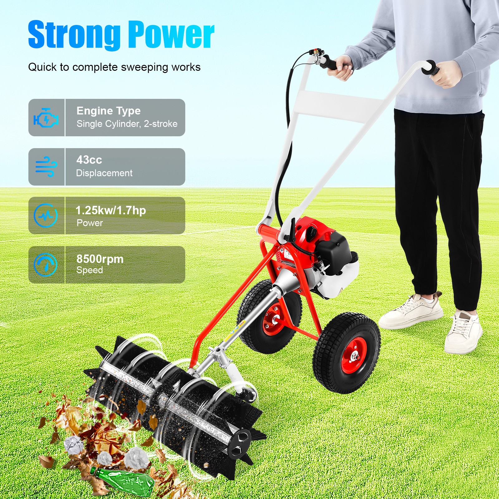 43CC 1.7HP Walk Behind Power Sweeper Broom 2-Stroke Gas Engine Sweeper Lawn Turf