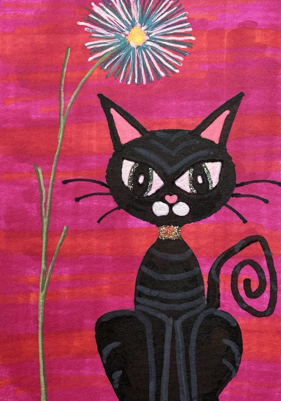 ACEO Original Mixed Medium Abstract Cat with A Flower 2.5 x 3.5 Inches Art Card