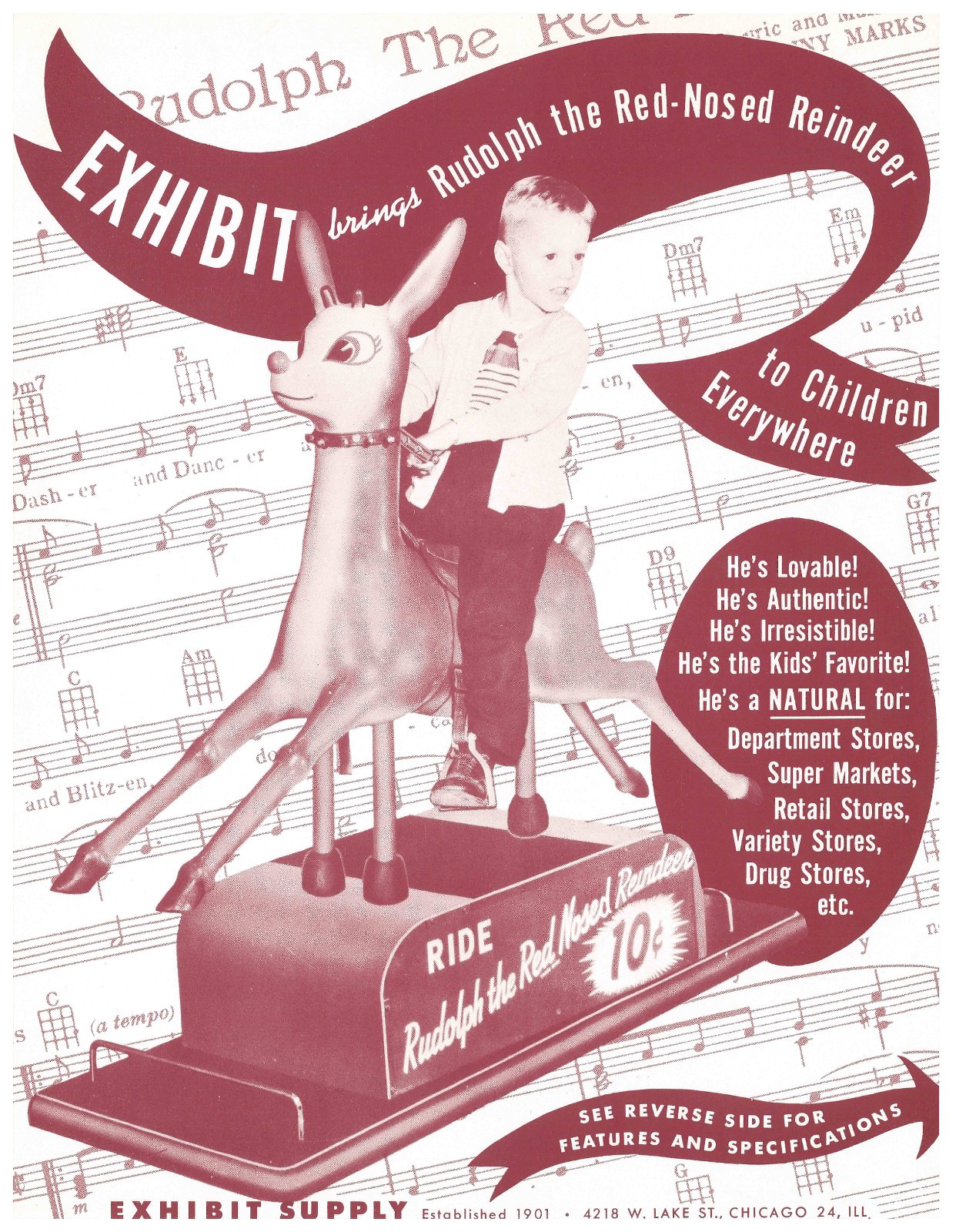 Rudolph the Red Nosed Reindeer Kiddie Ride Exhibit Arcade Flyer / Brochure / Ad