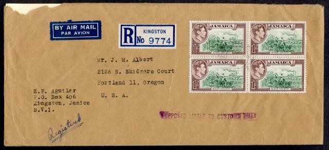 JAMAICA 1' KGVI BLK OF 4 REG AIR TO USA