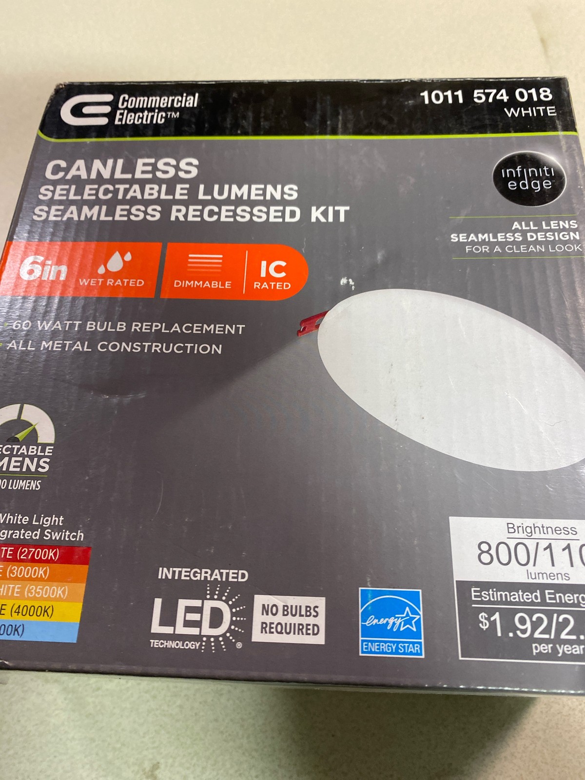 Commercial Electric 92329 LED Slim Recessed Light, 2-Level Lumen, Adjustable CCT