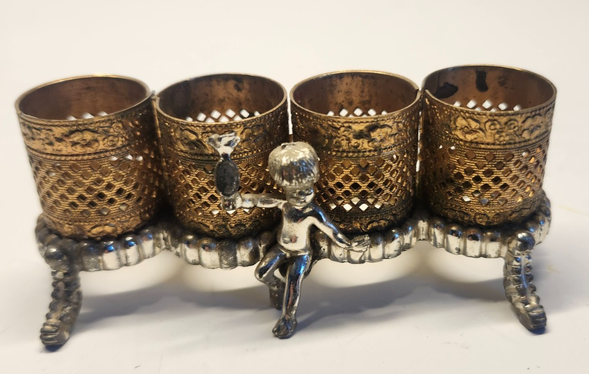 Vtg. Gold Tone Footed Vanity Lipstick Holder with Cherub