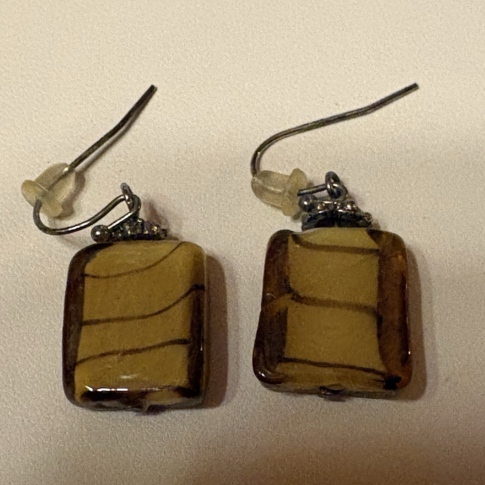 Handcrafted Beaded Earrings Brown & Yellow Glass Beads Silver Hooks Jewelry
