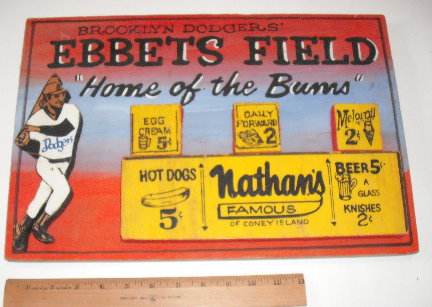 Brooklyn Dodgers Ebbets Field Wood Folk Art Assemblage by Harry Von Glaubach