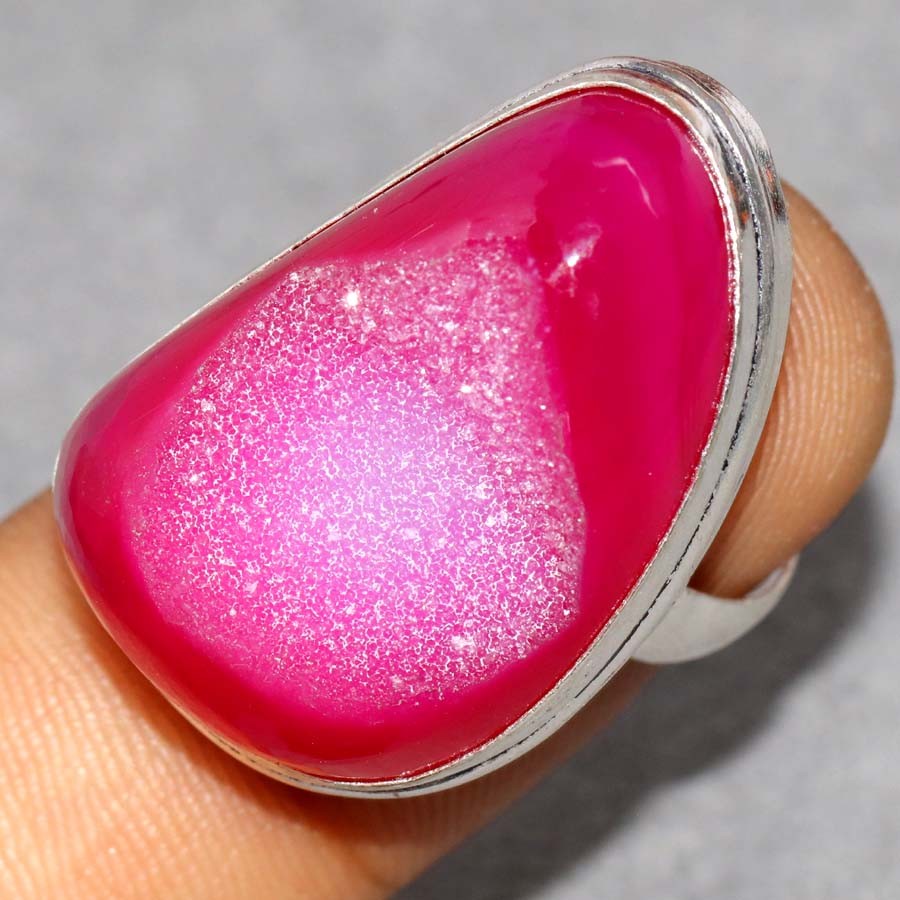 925 Silver Plated Pink Botswana Druzy Ring US 7.5 Classy Look Fashion Sale GW