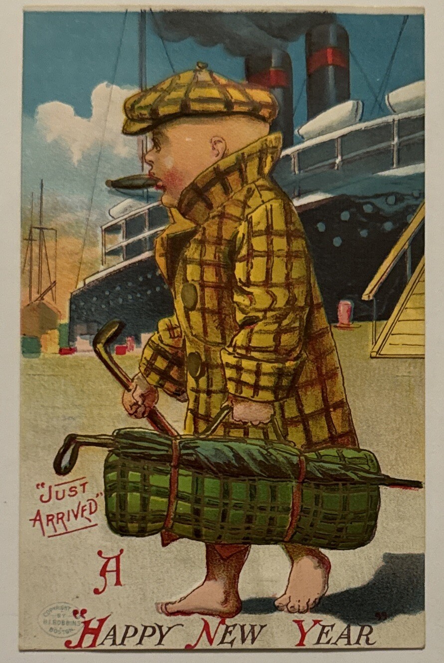 Happy New Year Man With Golf Bag Steam Ship SS Embossed 1910s Postcard