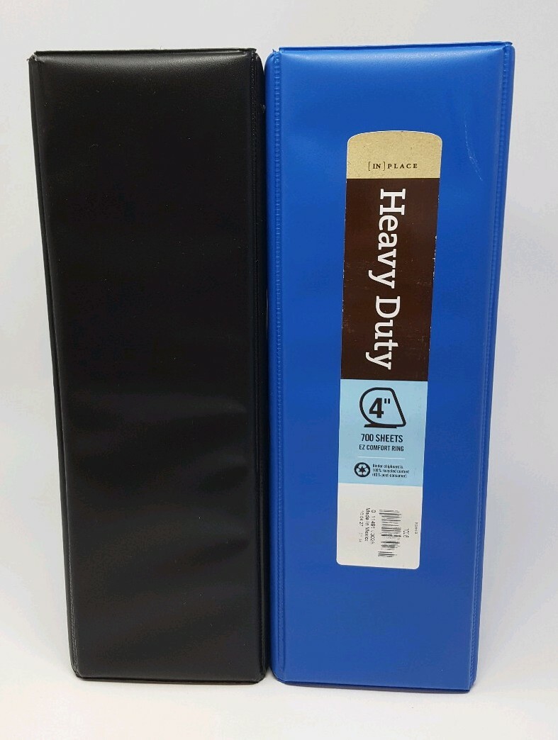 INPLACE 4" Extra-Wide Heavy-Duty Binders EZ Comfort D-Ring Lot of 2 Blue Black